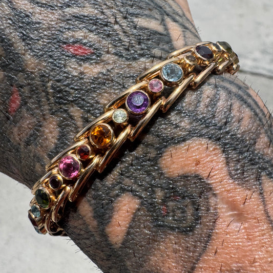 Vintage Solid 18k Gold 7.0ctw Bezel Set Natural Multi Precious Gemstone Bracelet (7.25”)