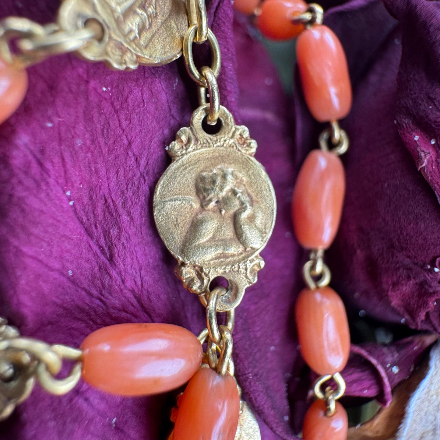 Antique French Hallmarked 18k Yellow Gold Angel Skin Coral Rosary Necklace (23”)