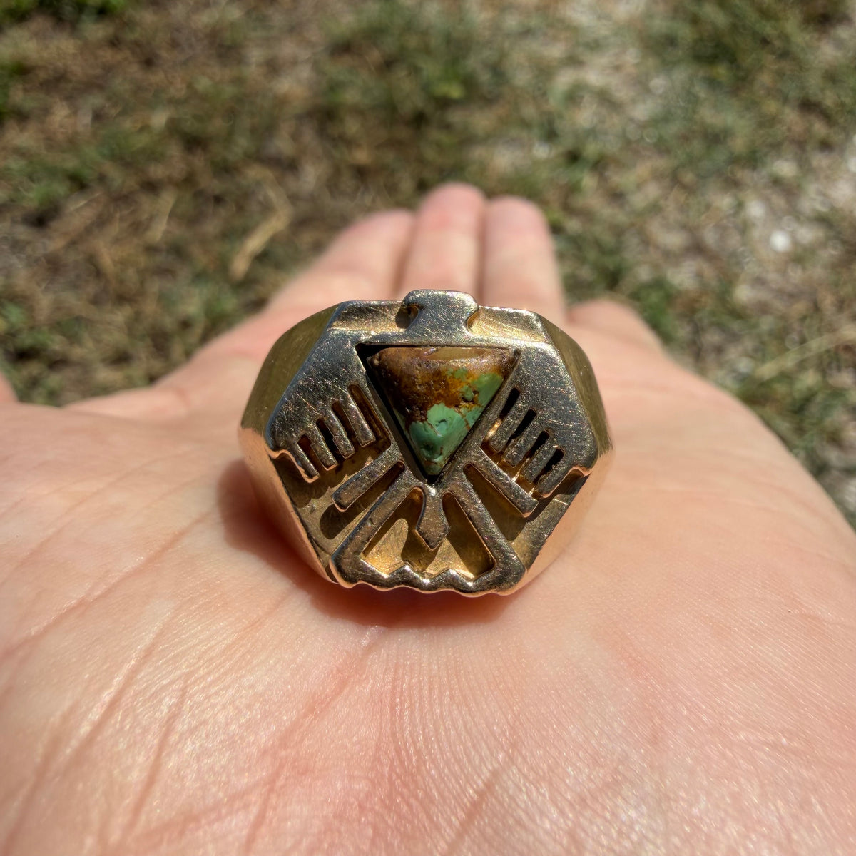 Mid-Century Solid 14k Yellow Gold Heavyweight Turquoise Thunderbird Signet Ring (11.5)