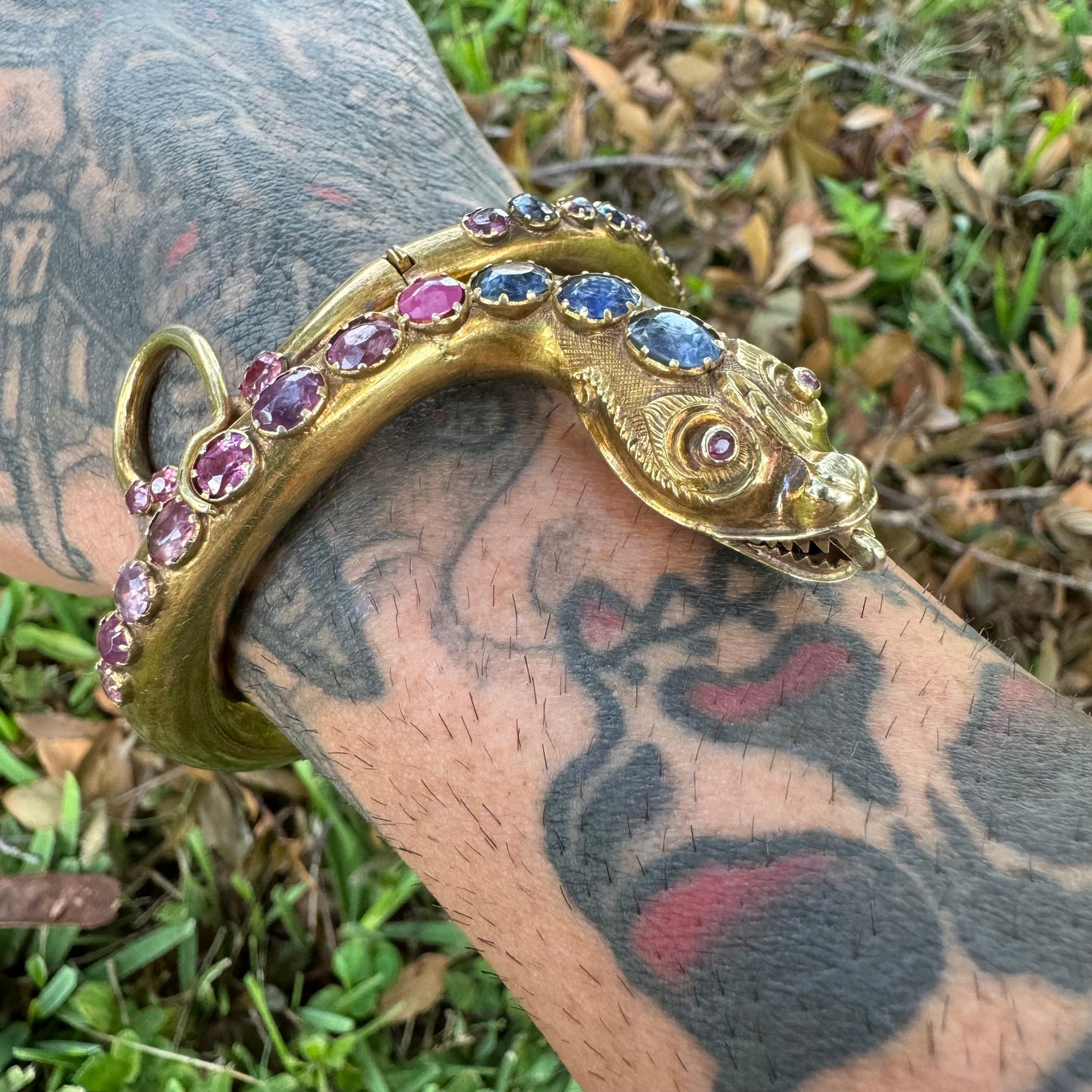 Mid 1800’s 15k Yellow Gold Blue And Pink Sapphire Encrusted Snake Bracelet (6”-7”)