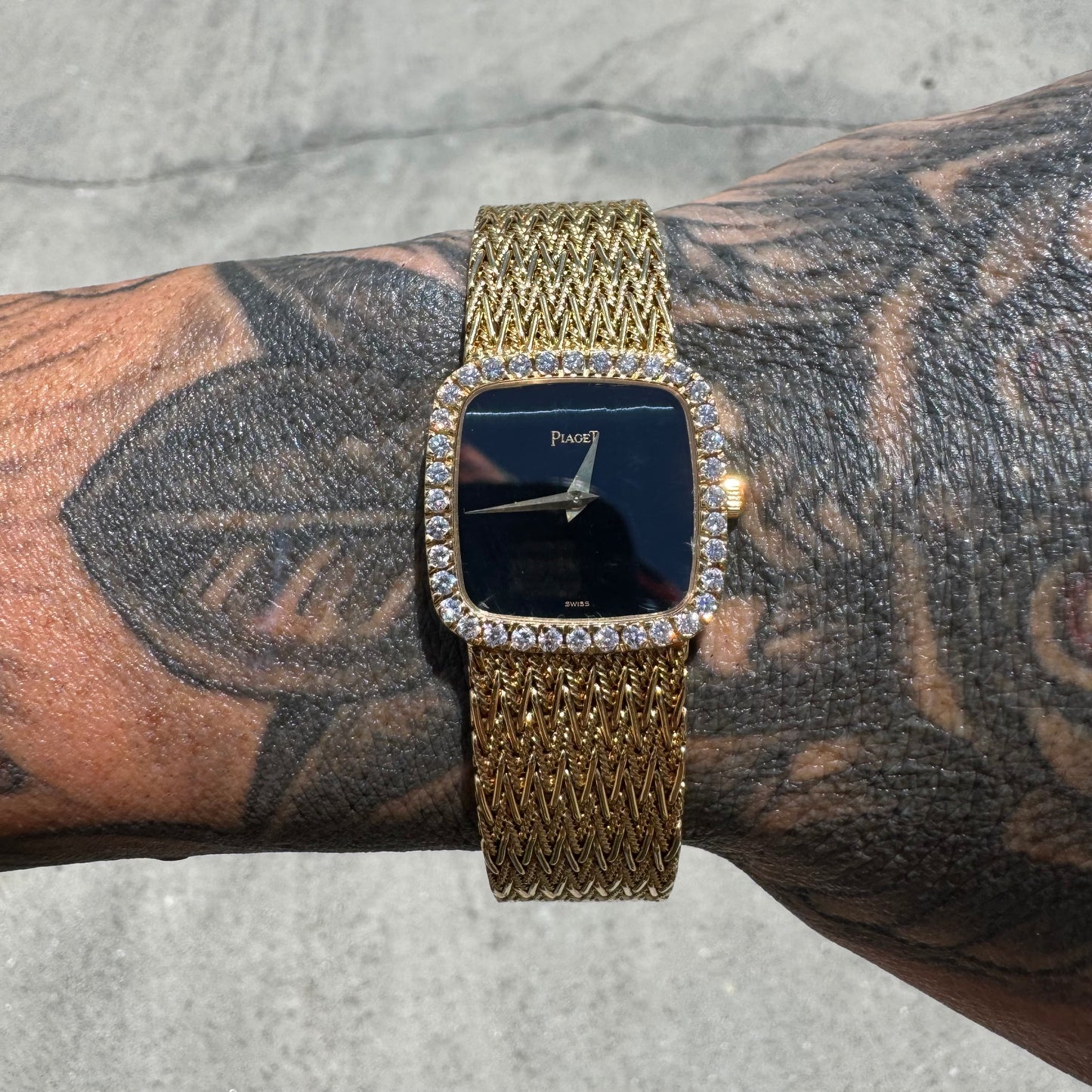 Late 1970’s/Early 1980’s Piaget Solid 18k Yellow Gold Factory Diamond Bezel Falcons Eye Stone Dial 9908 D11 Watch (7.5”)