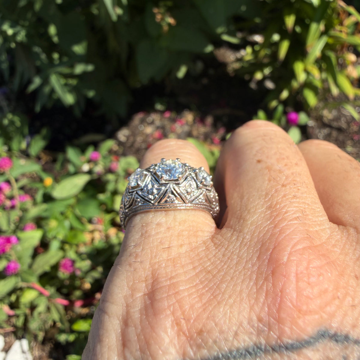 Art Deco Solid Platinum 1.0ctw Natural Old Euro Cut Diamond Trilogy Dome Ring (6.5)