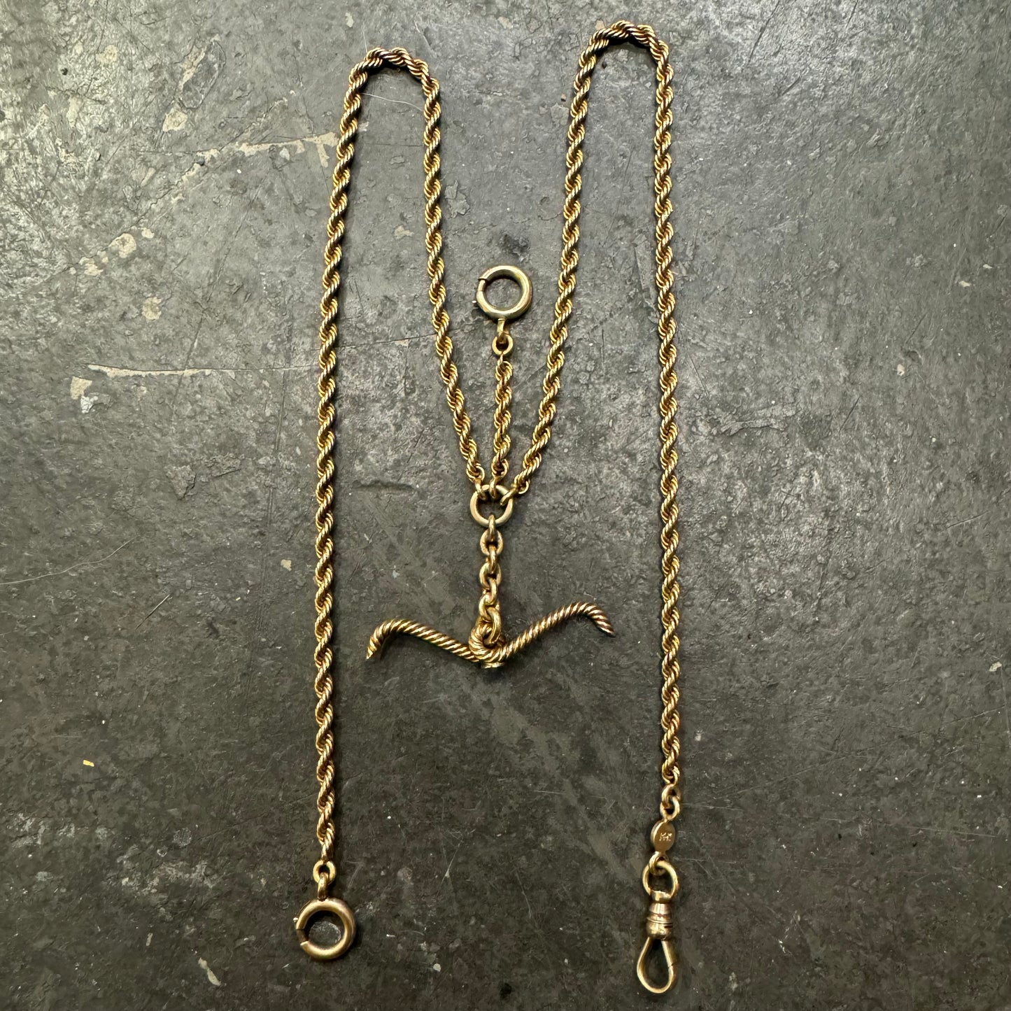 1930’s Art Deco Solid 14k Yellow Gold Double Albert Watch Chain Rope Necklace (21”)