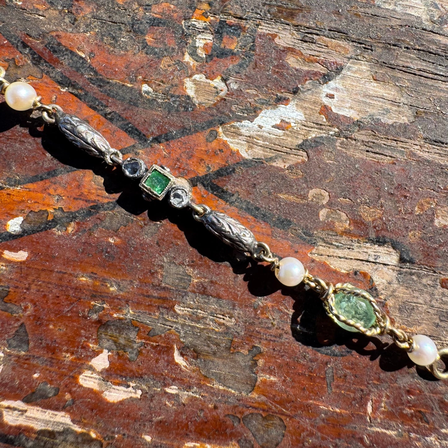 Early 1800’s Georgian Era Solid 18k Yellow Gold Sterling SIlver Rose Cut Diamond Raw Emerald Seed Pearl Bracelet (6.5”)