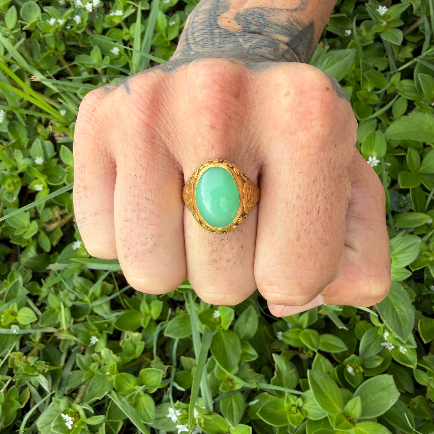 Antique Chinese Traditional 24k Yellow Gold 5.0ct Green Apple Jadeite Fu Ring (10.25)