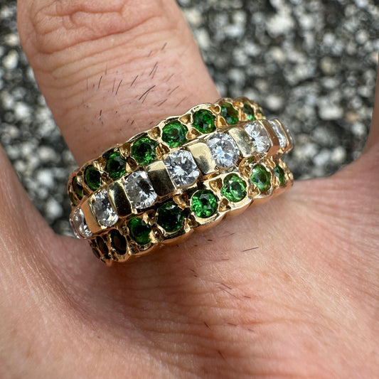 Vintage Handmade Solid 14k Yellow Gold 1.0Ctw Natural Diamond/1.25Ctw Tsavorite Garnet Ring (7.5)