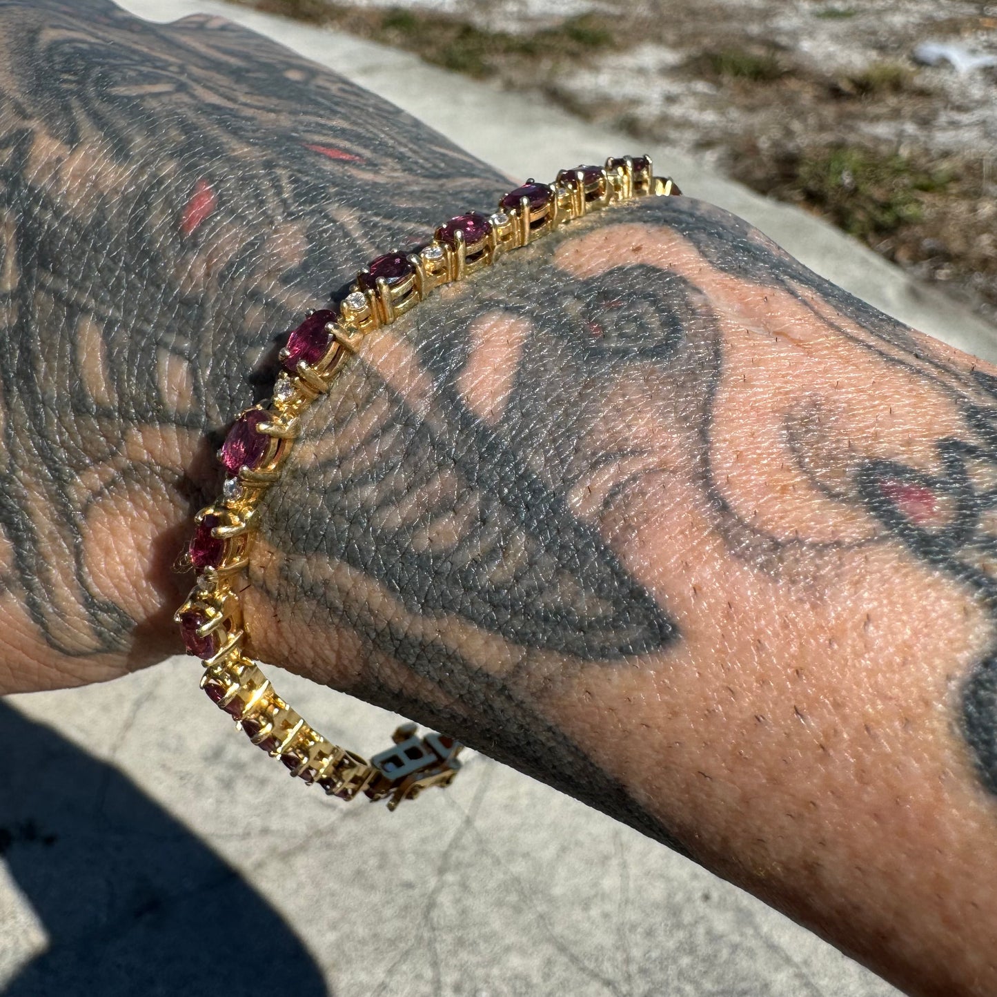 Vintage 14k Yellow Gold 6.25ctw Natural Ruby .50ctw Natural Diamond Tennis Bracelet (7.9”)