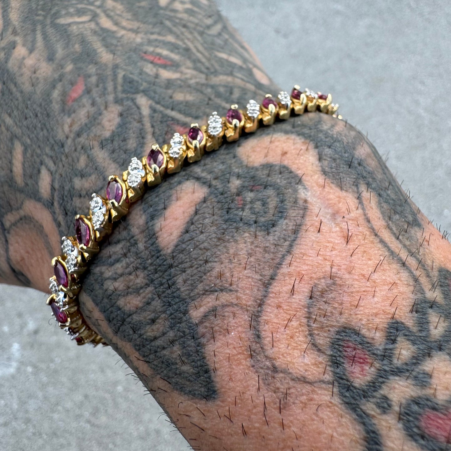 Vintage Solid 14k Yellow Gold 5.0Ctw Natural Ruby And .50ctw Diamond Tennis Bracelet (7.25”)