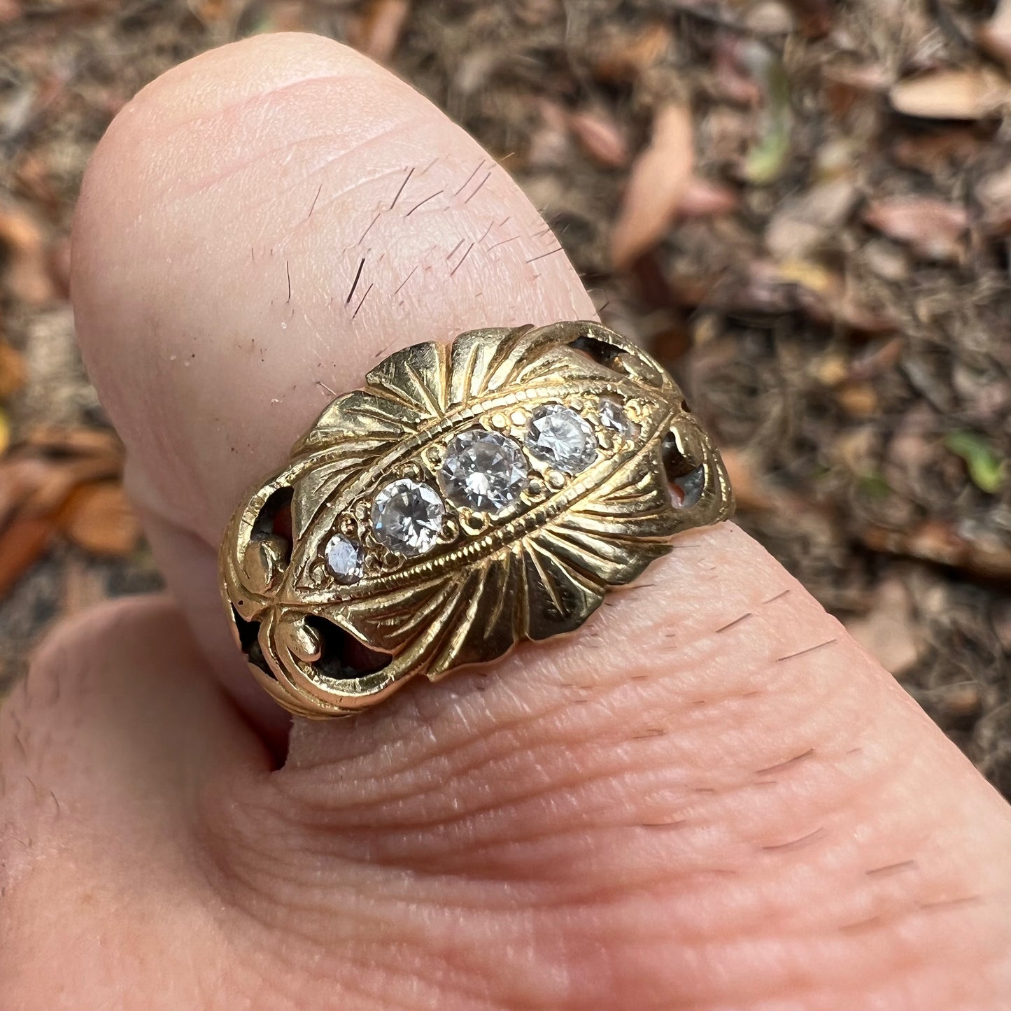 Early 1900’s Art Nouveau Solid 14K Yellow Gold Natural VS Diamond Hand Chased Scroll Ring (6)