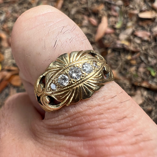 Early 1900’s Art Nouveau Solid 14K Yellow Gold Natural VS Diamond Hand Chased Scroll Ring (6)