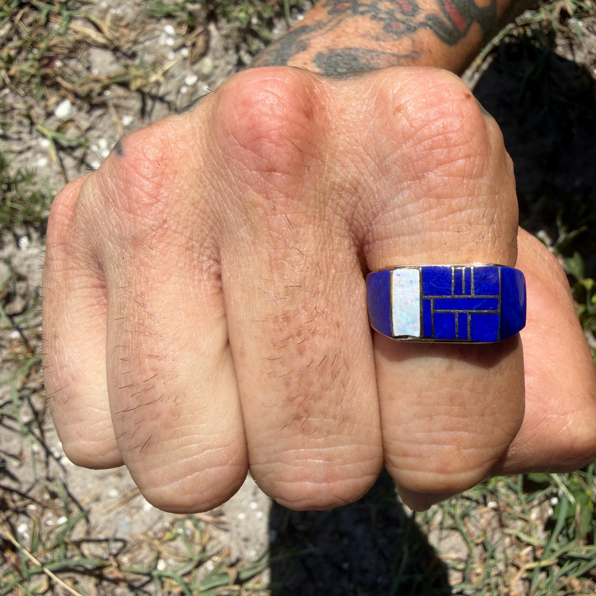 Vintage Solid 14k Yellow Gold Native Southwestern Artist Signed “Gay” Opal And Lapis Inlaid Signet Ring (10.5)