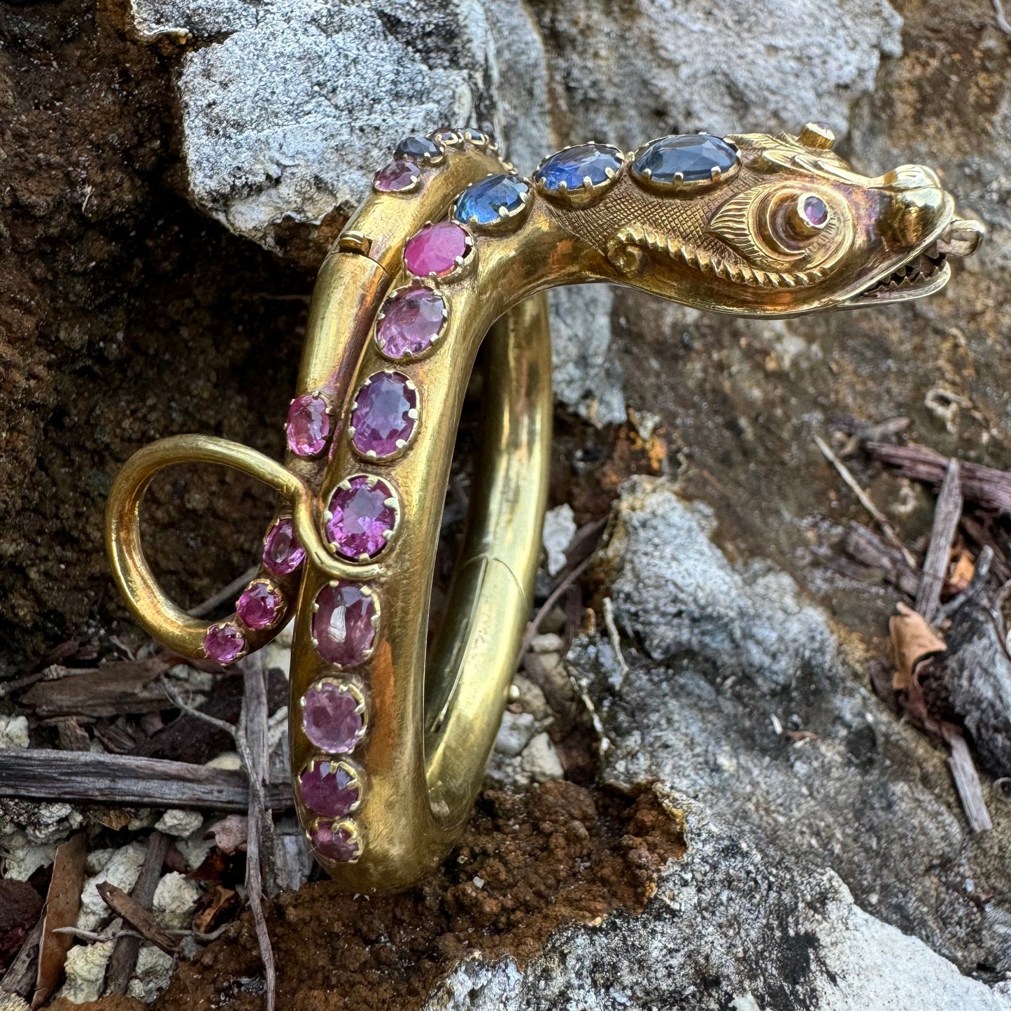 Mid 1800’s 15k Yellow Gold Blue And Pink Sapphire Encrusted Snake Bracelet (6”-7”)
