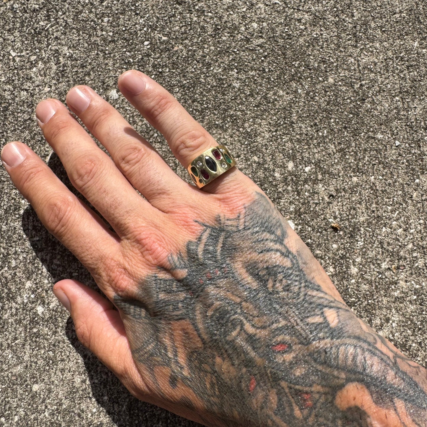 Custom Solid 18k Yellow Gold 2.35ctw Flush Set Natural Sapphire, Ruby, Emerald, And Diamond Tapered Cigar Band (7)