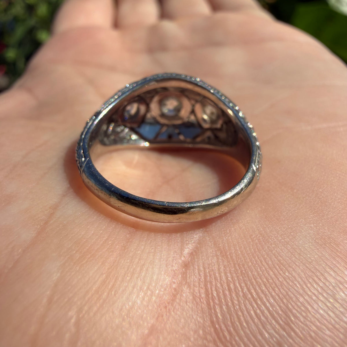 Art Deco Solid Platinum 1.0ctw Natural Old Euro Cut Diamond Trilogy Dome Ring (6.5)