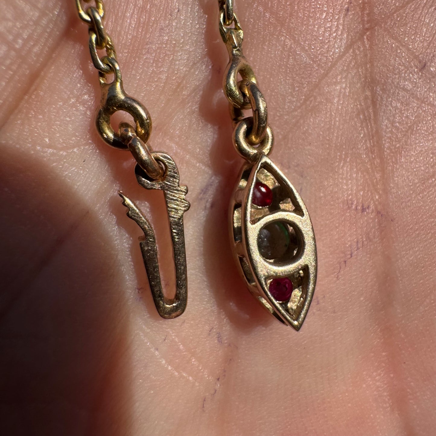 Antique Solid 14k Yellow Gold Natural Emerald And Ruby Encrusted “Biker Chain” Anchor Link Necklace (15.5”)