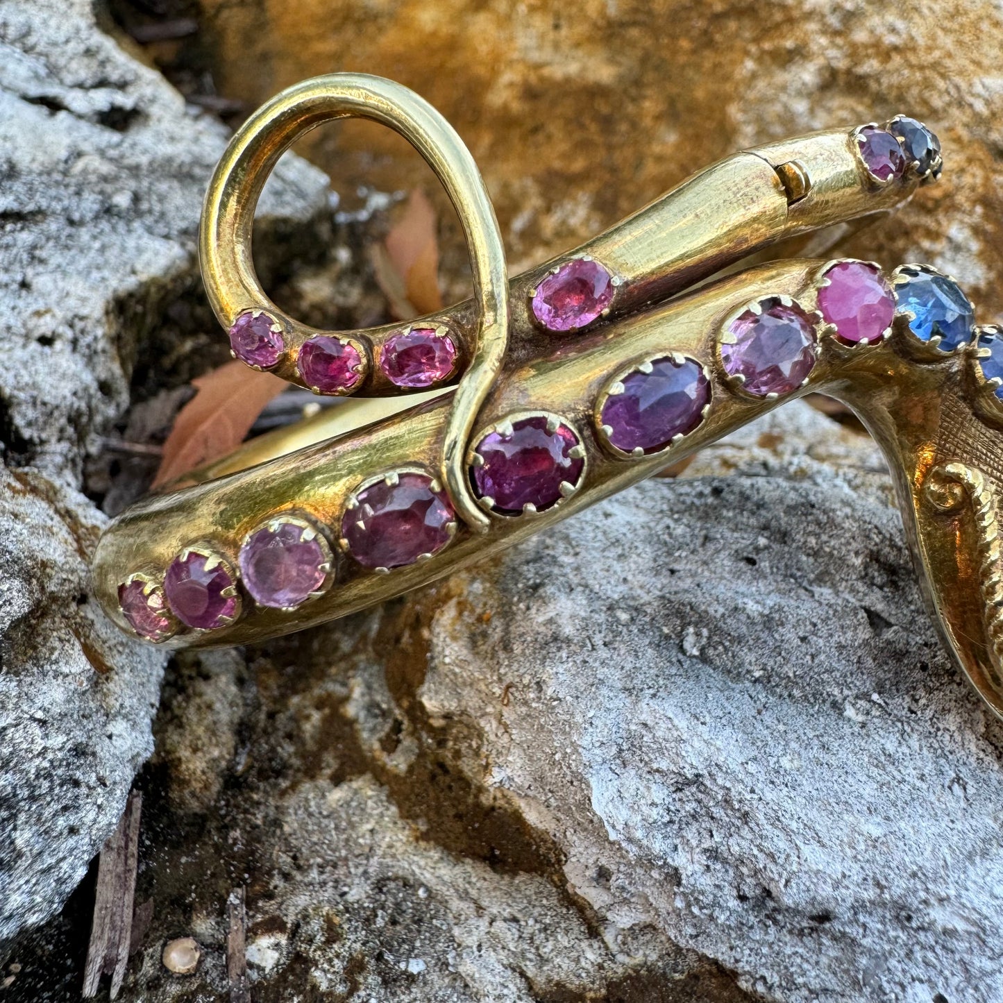 Mid 1800’s 15k Yellow Gold Blue And Pink Sapphire Encrusted Snake Bracelet (6”-7”)