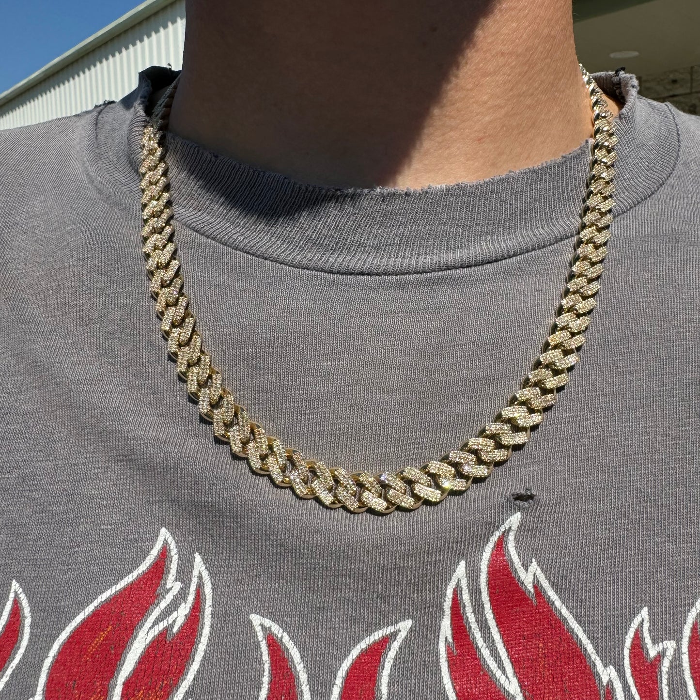 Solid 10k Yellow Gold 2 Row Prong Set 20.0ctw Natural Diamond Cuban Link Necklace (20”)