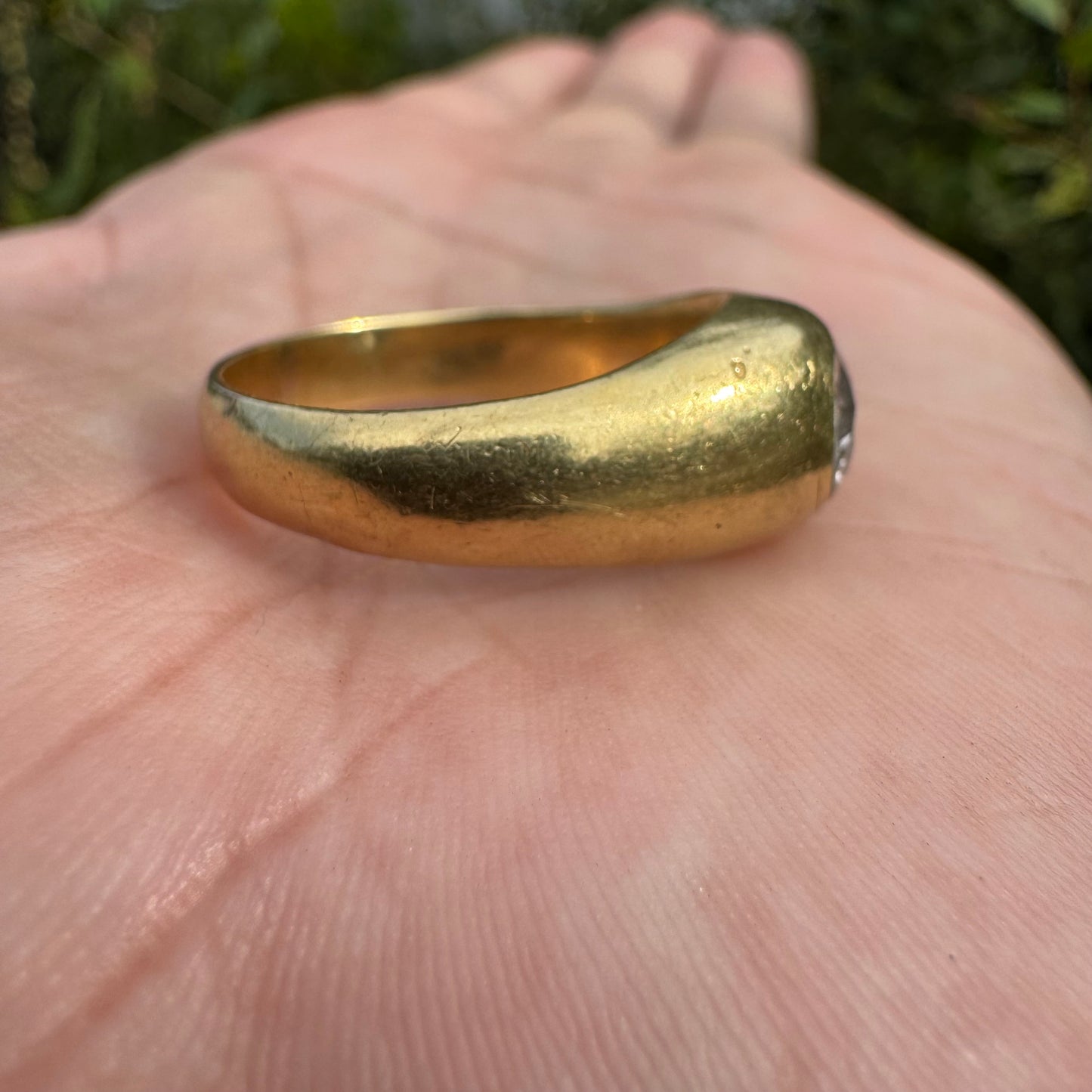 Antique Solid 18k Yellow Gold .91ct Old Euro Cut Diamond “Rub Over” Gypsy Ring (9.5)