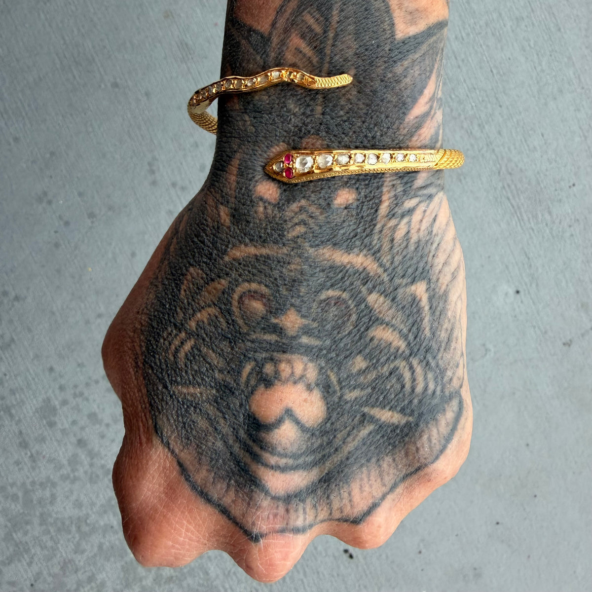 Antique Egyptian Solid 22.5k Yellow Gold Natural Rose Cut Diamond And Ruby Snake Bangle Bracelet (6.5”-8”)