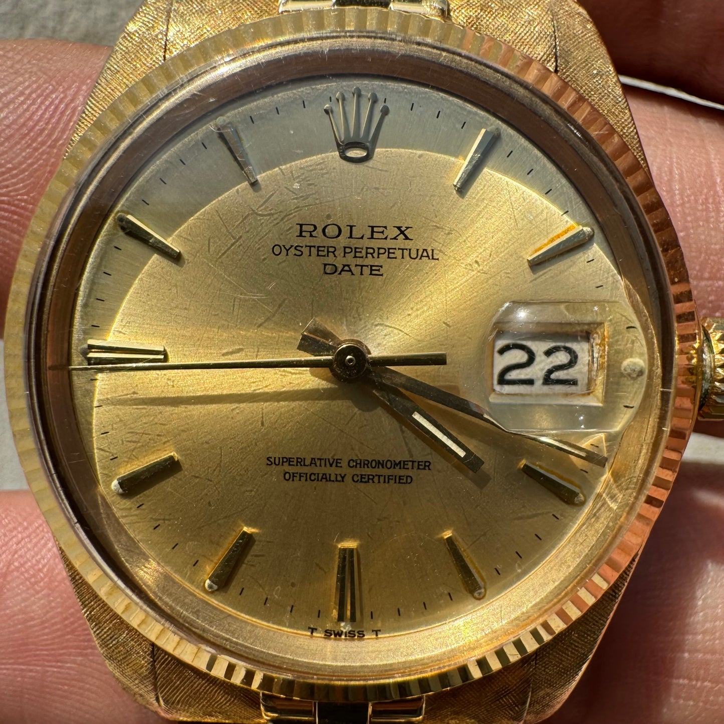 1966 Rolex Oyster Perpetual Date Ref. 1503 Florentine Finish 14k Gold (7.5”/34mm)