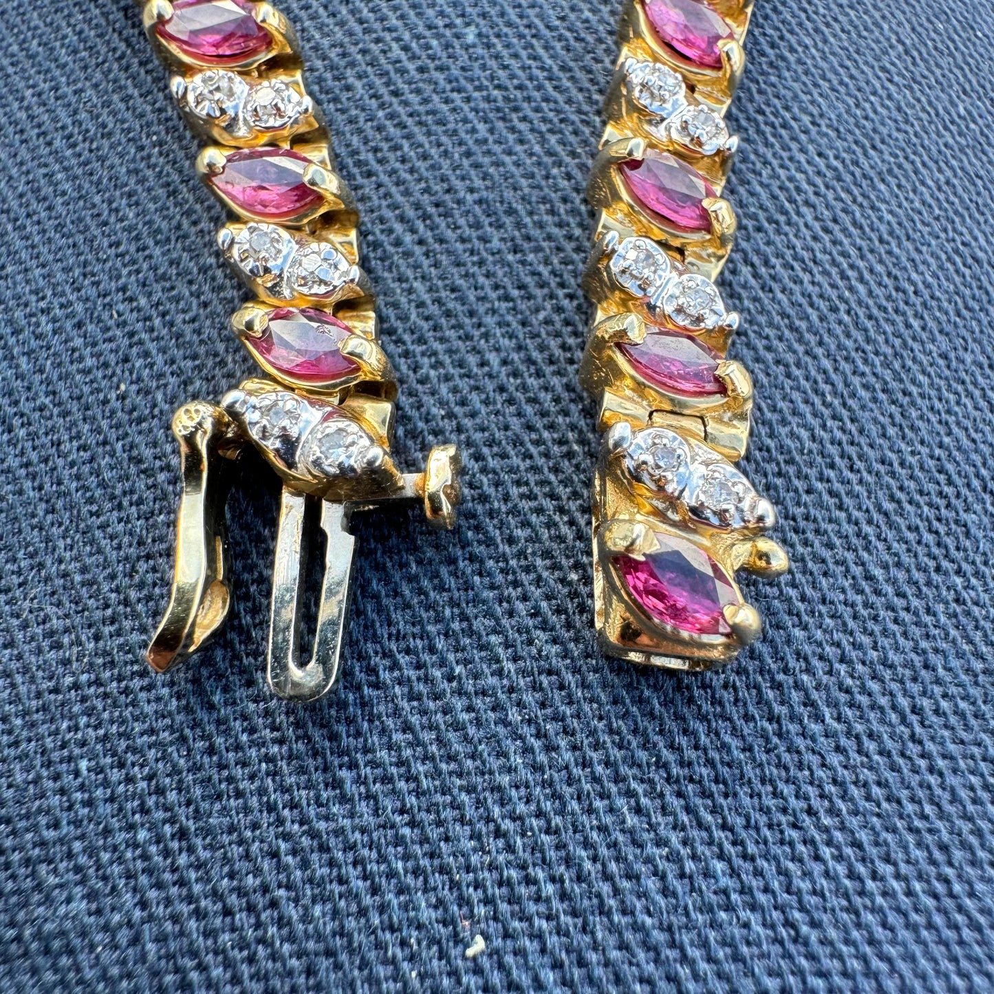 Vintage Solid 14k Yellow Gold 5.0Ctw Natural Ruby And .50ctw Diamond Tennis Bracelet (7.25”)