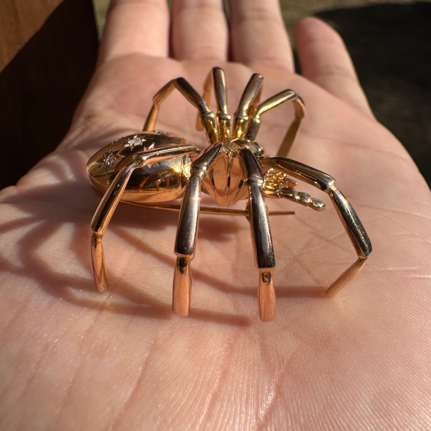 Victorian Solid 18k Gold Natural Rose Cut Diamond And Ruby Large Spider Brooch Pendant
