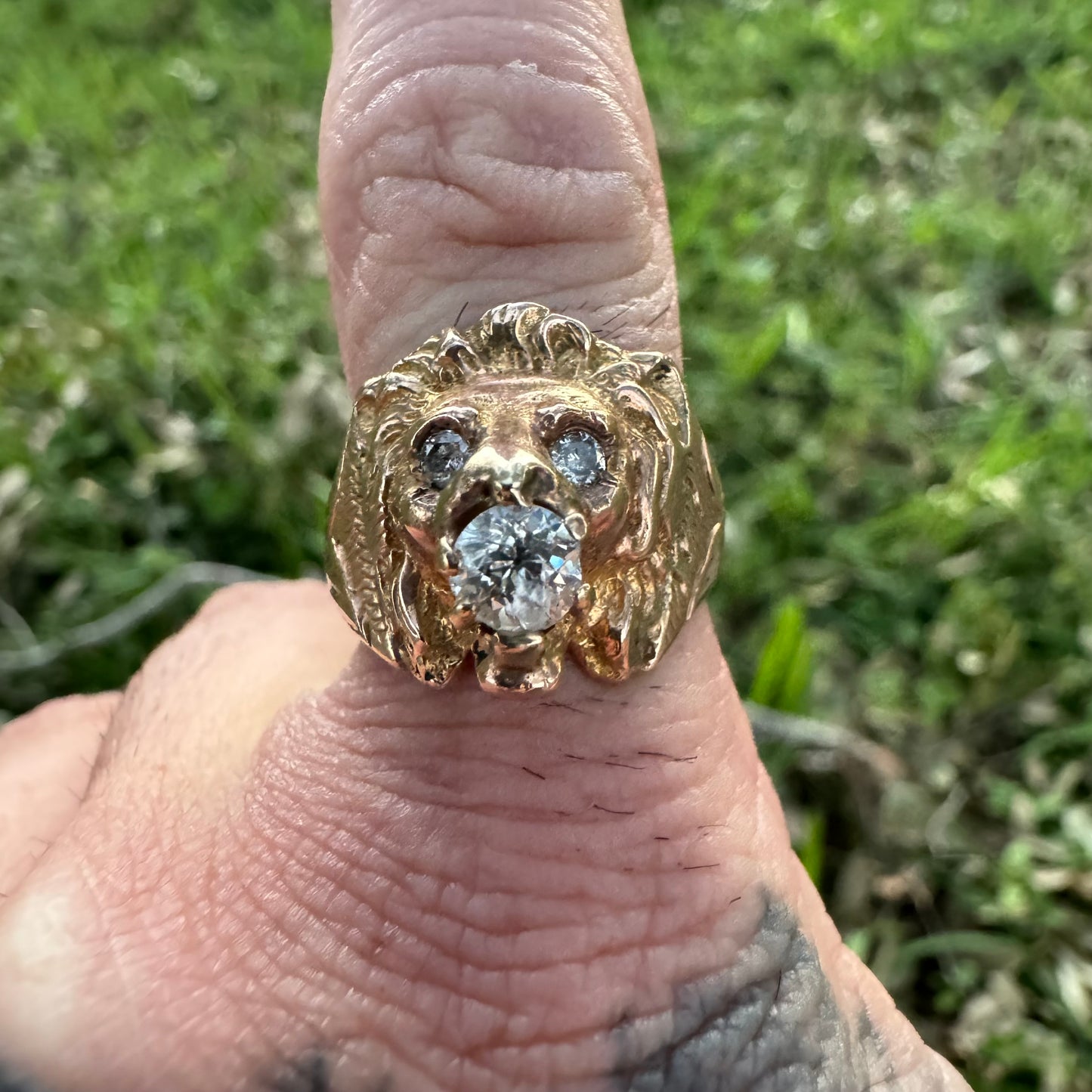 Victorian Era Solid 14k Yellow Gold .50Ct Natural Old Euro Cut Diamond Lion Ring (7.5)
