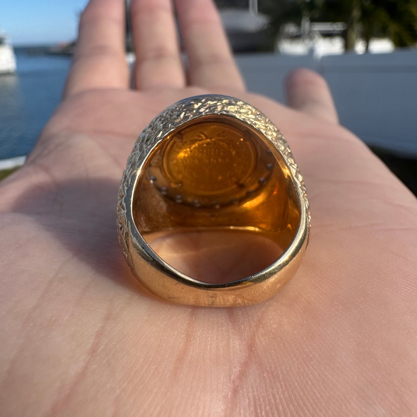 1853 $1 Gold Liberty Coin (22k) Solid 14k Yellow Gold Natural Diamond Halo Nugget Ring (7)