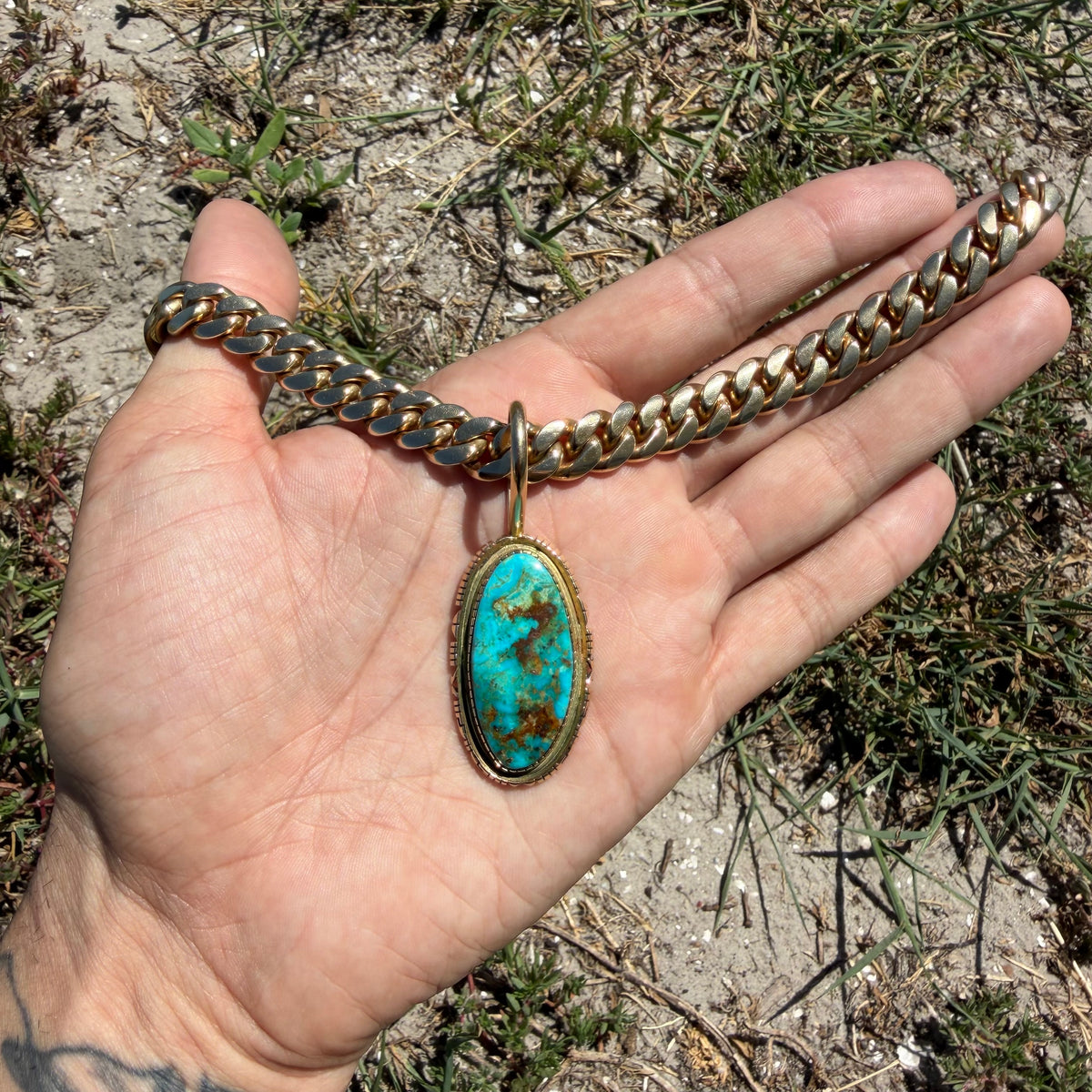 Vintage Solid 14k Yellow Gold Large “Pilot Mountain” Turquoise Pendant Navajo Artist Signed Leonard Nez