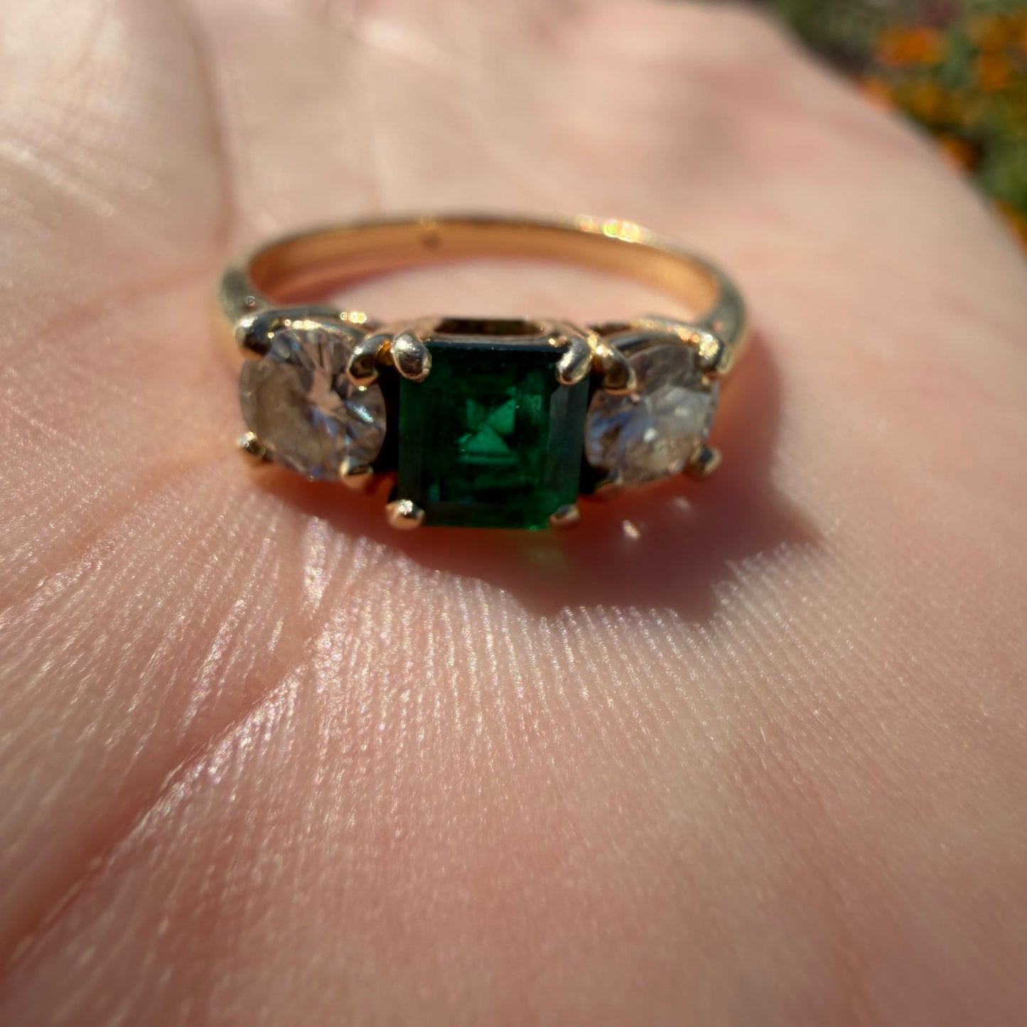 Vintage Solid 14k Yellow Gold 1.25ctw Natural Colombian Emerald And Diamond Trilogy Ring (6.5)