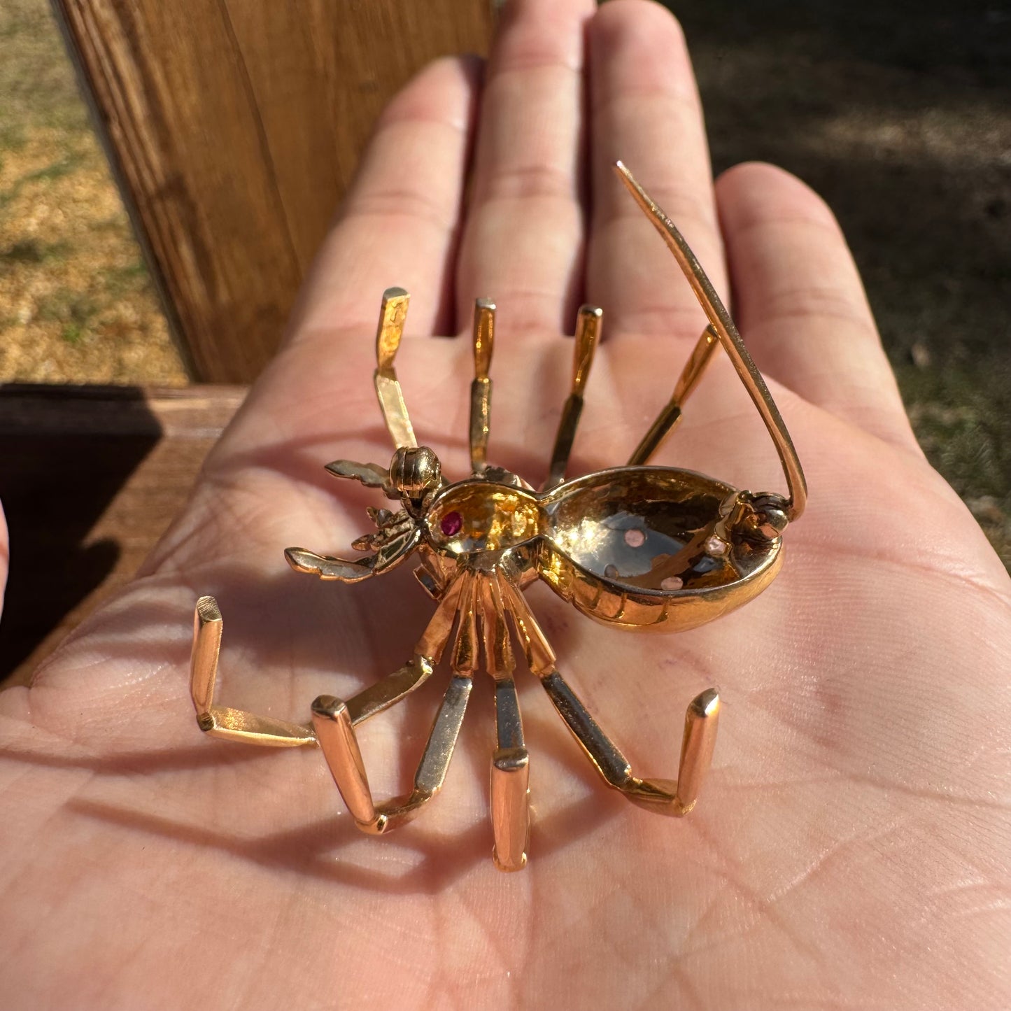Victorian Solid 18k Gold Natural Rose Cut Diamond And Ruby Large Spider Brooch Pendant
