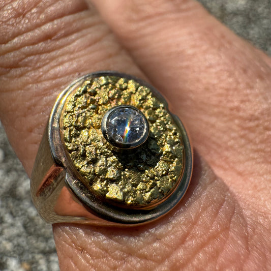 Mid-Century 22k Raw Gold Nugget Natural VS Diamond Solitaire 14k Yellow Gold Comfort Fit Signet Ring (10.5)