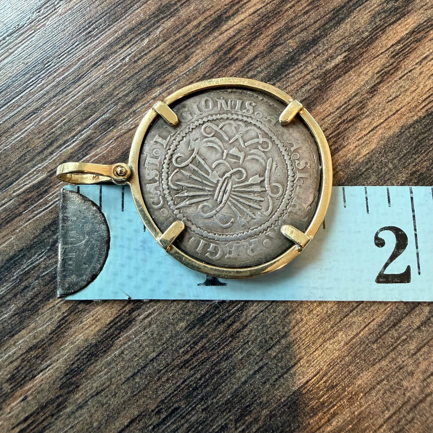 RARE 1474-1504 Silver Catholic Kings Seville 2 Reale Coin 14k Yellow Gold Pendant Retrograde R Counterstrike