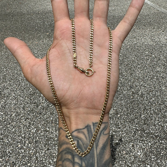 Dated 1924 Solid 14k Yellow Gold Cuban Curb Link Watch Chain Necklace (21.5”)