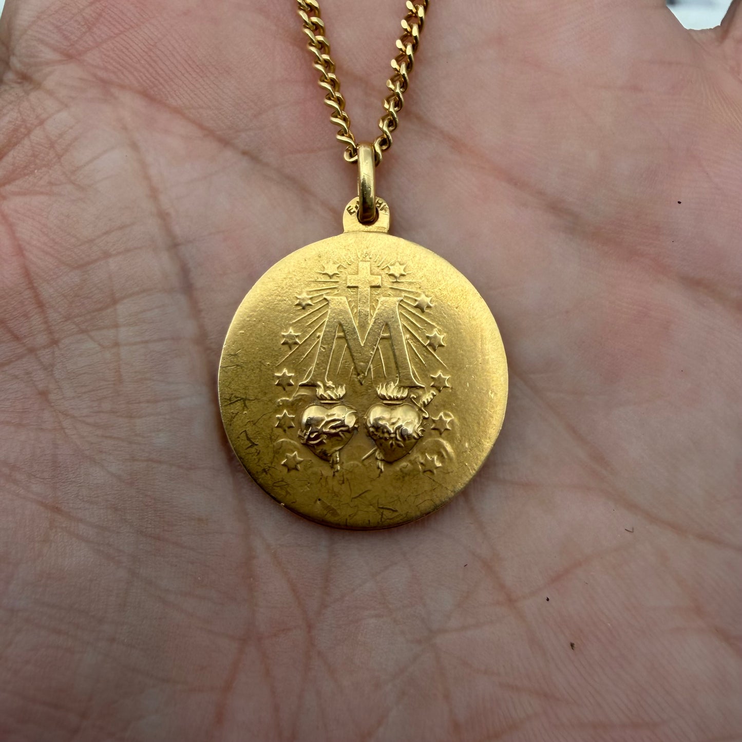 Art Deco Solid 18k Yellow Gold Virgin Mary Miraculous Medallion Pendant