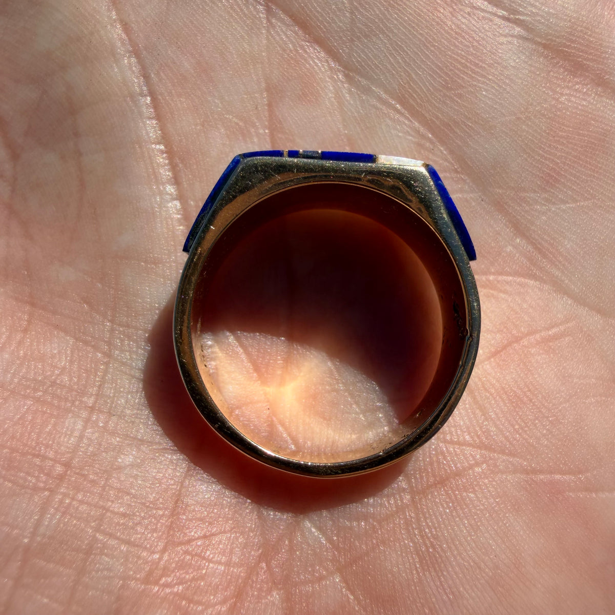 Vintage Solid 14k Yellow Gold Native Southwestern Artist Signed “Gay” Opal And Lapis Inlaid Signet Ring (10.5)