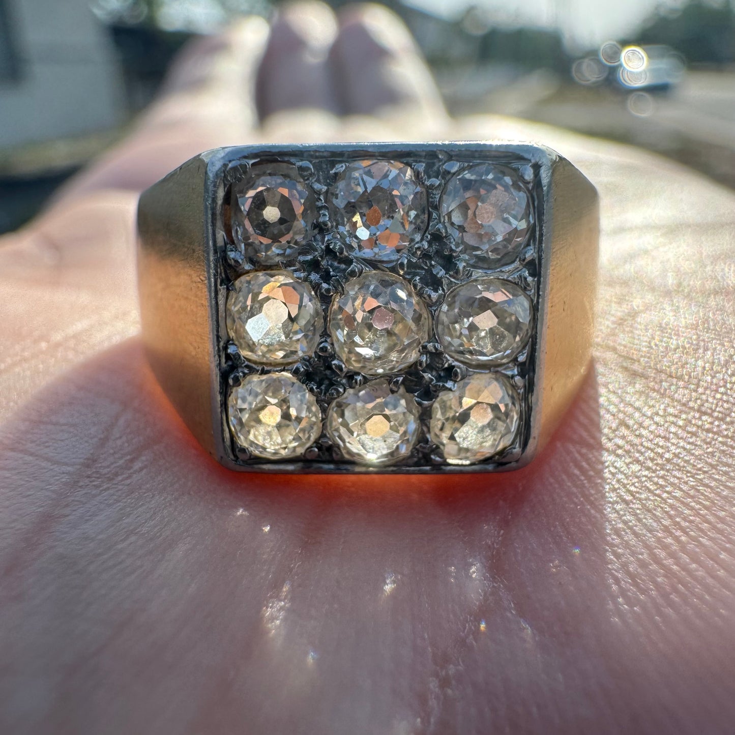 Antique 18k Yellow Gold 1.35ctw Natural Old Mine Cut Diamond Cluster Gents Ring (10.75)