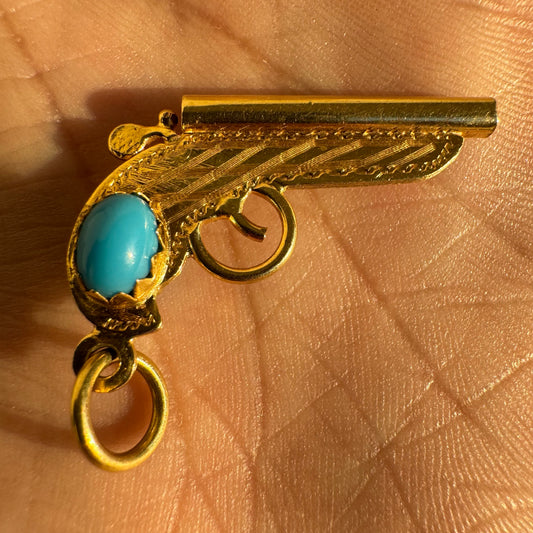 Mid-Century 18K Italian Yellow Gold Persian Turquoise Pistol Pendant