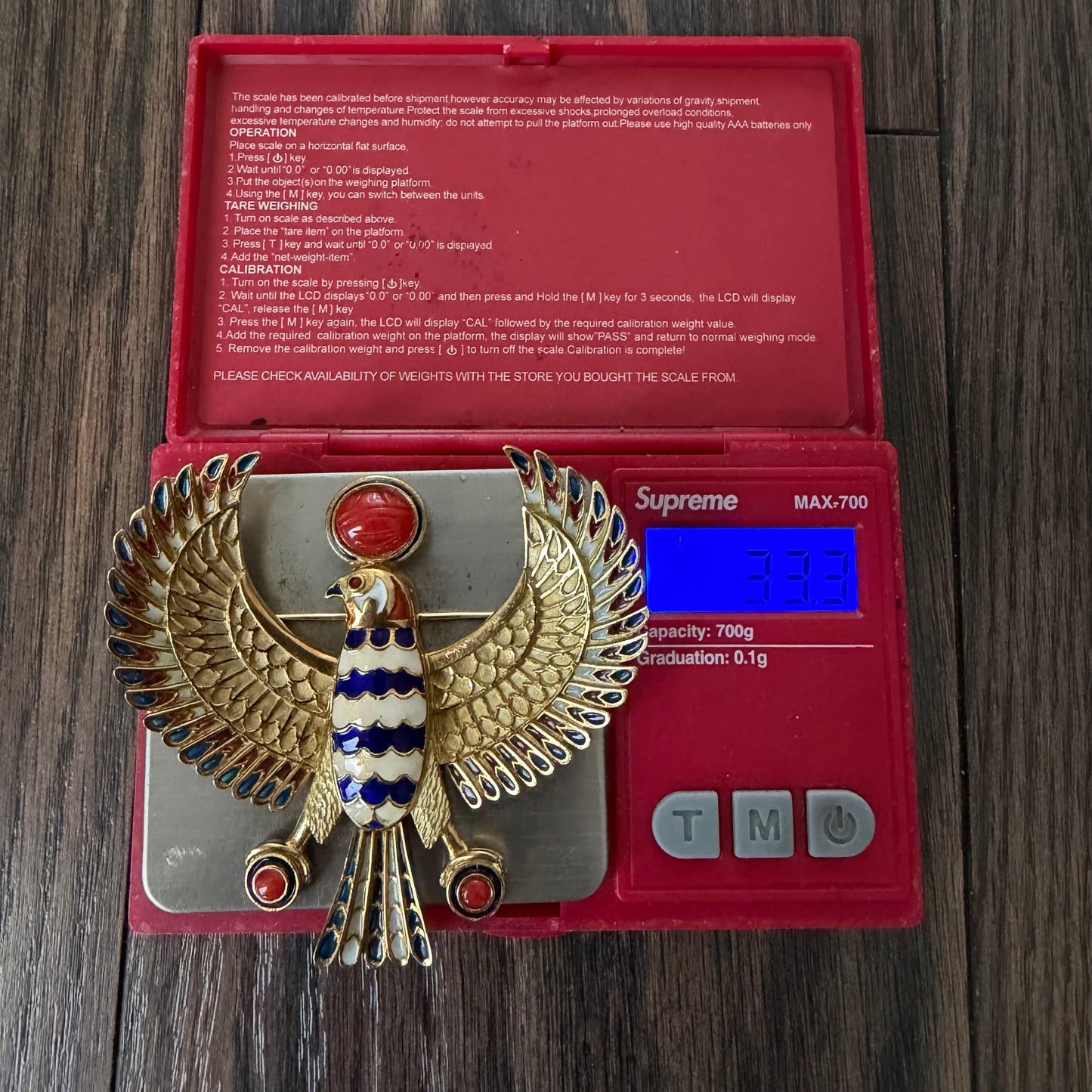 Vintage Solid 18k Yellow Gold Plique-à-Jour Large Egyptian Revival Horus Falcon Pendant/Brooch