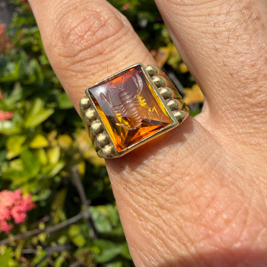 Art Deco Solid 14k Yellow Gold Orange Sapphire Scorpio Zodiac Intaglio Signet Ring (9.5)