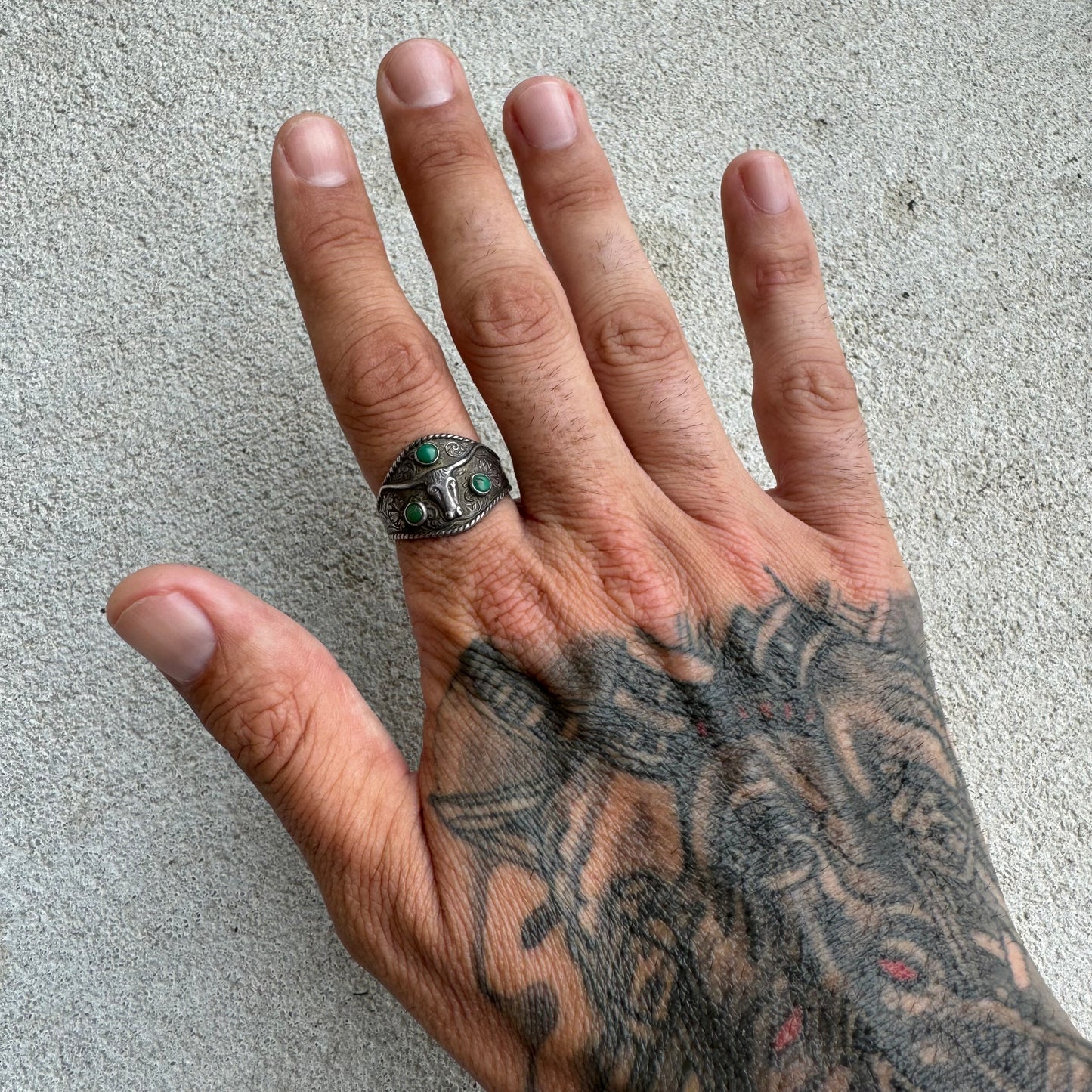 Extremely Rare 1930’s Sterling Silver Floral Engraved Longhorn Ring By Bell Trading Post