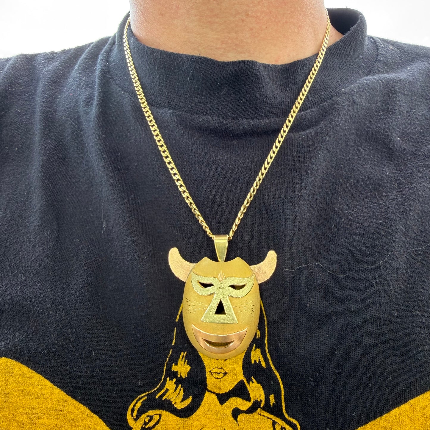 Mid-Century Solid 18k Gold Large Mexican Folkart Diablo Mask Pendant