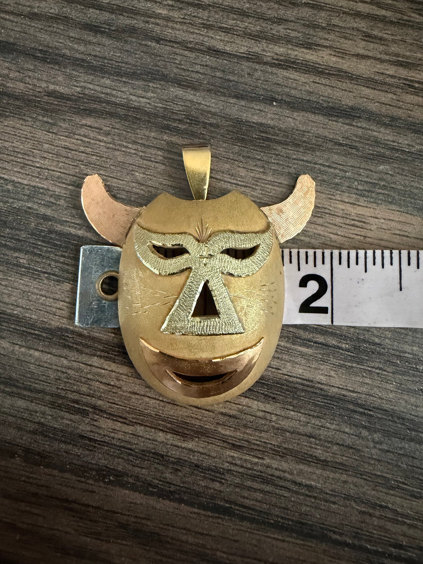 Mid-Century Solid 18k Gold Large Mexican Folkart Diablo Mask Pendant