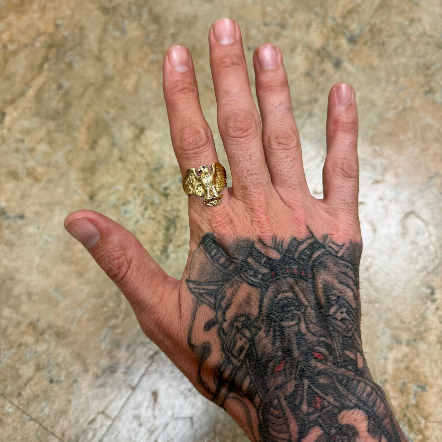 1970’s Solid 14k Yellow Gold Ruby Encrusted Old Americana Eagle Ring (11)