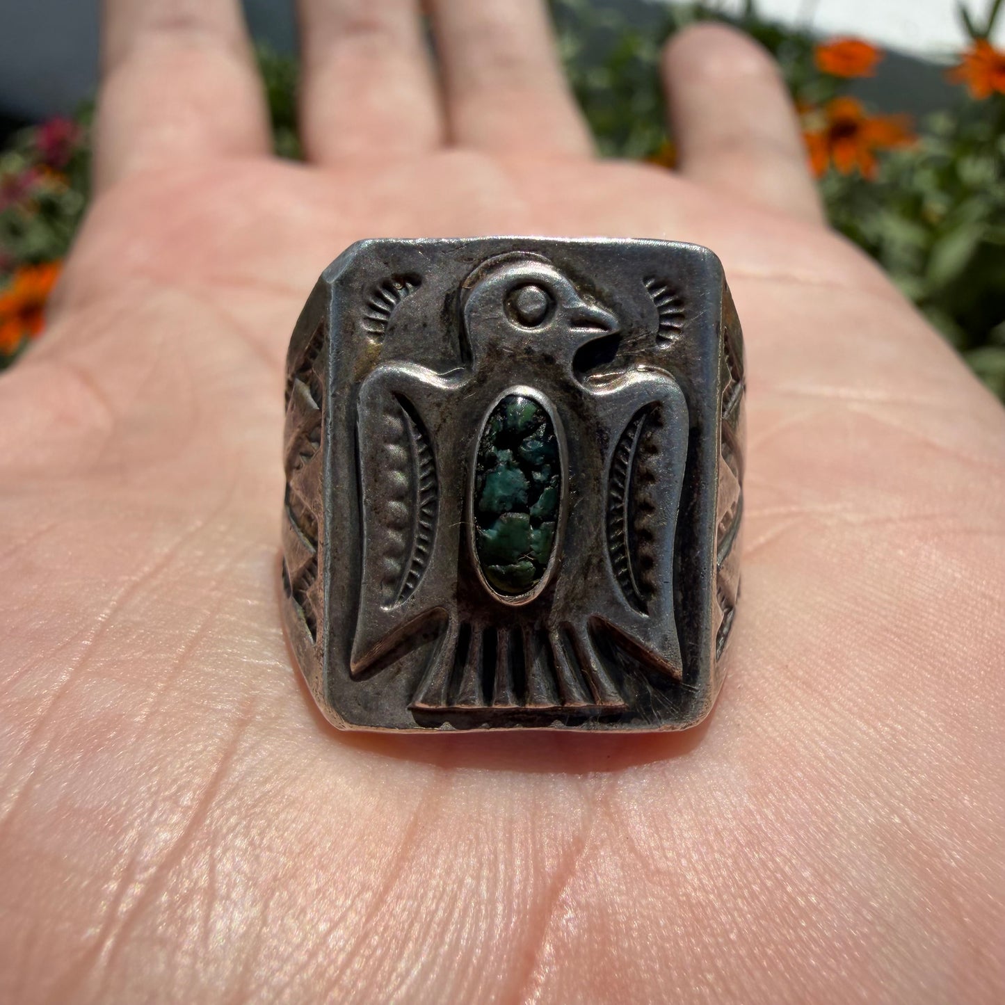 1930’s/40’s Sterling Silver Turquoise Thunderbird Signet Ring (8.75)