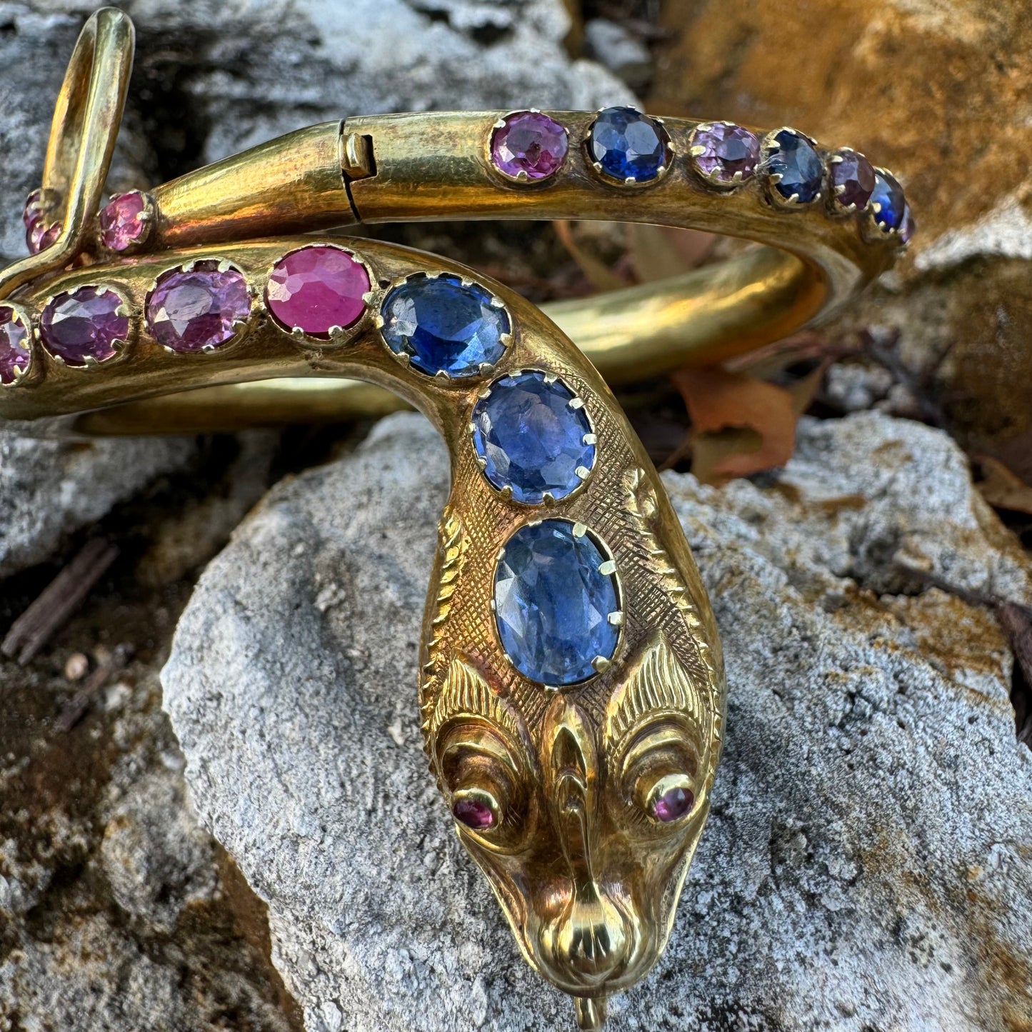 Mid 1800’s 15k Yellow Gold Blue And Pink Sapphire Encrusted Snake Bracelet (6”-7”)
