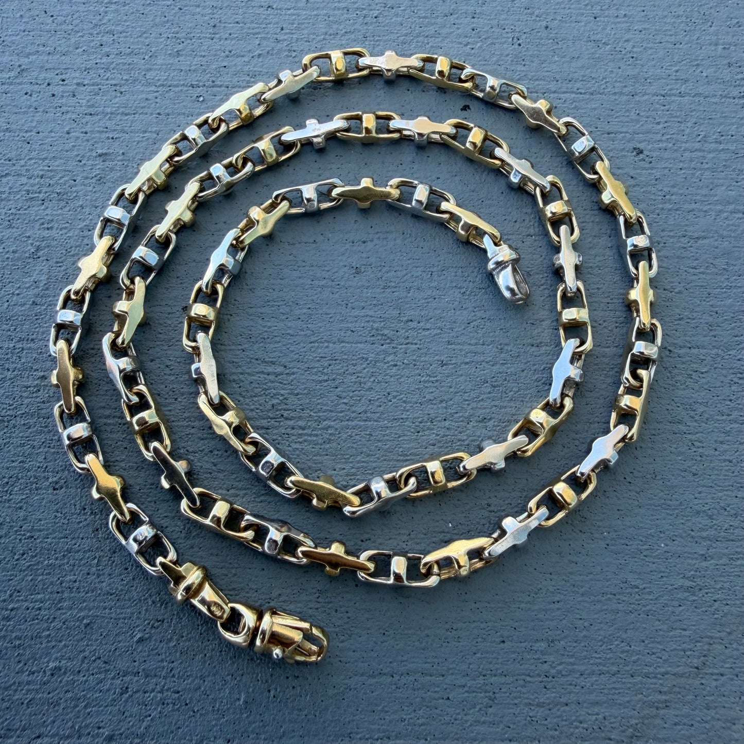 1980’s Solid 14k Two-Tone Yellow & White Gold Fancy Chaine D’ Ancre Mariner Link Necklace (22.5”)