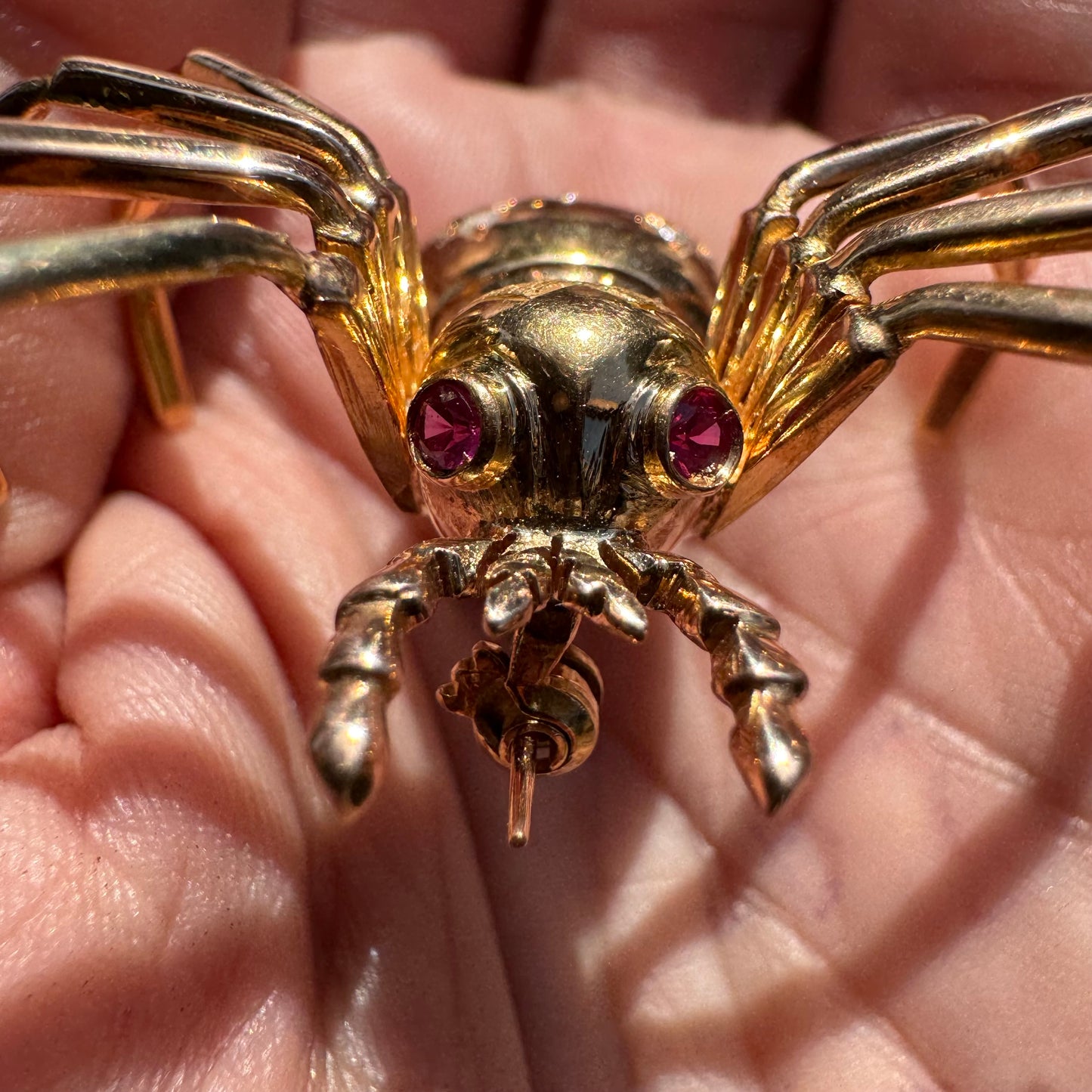 Victorian Solid 18k Gold Natural Rose Cut Diamond And Ruby Large Spider Brooch Pendant