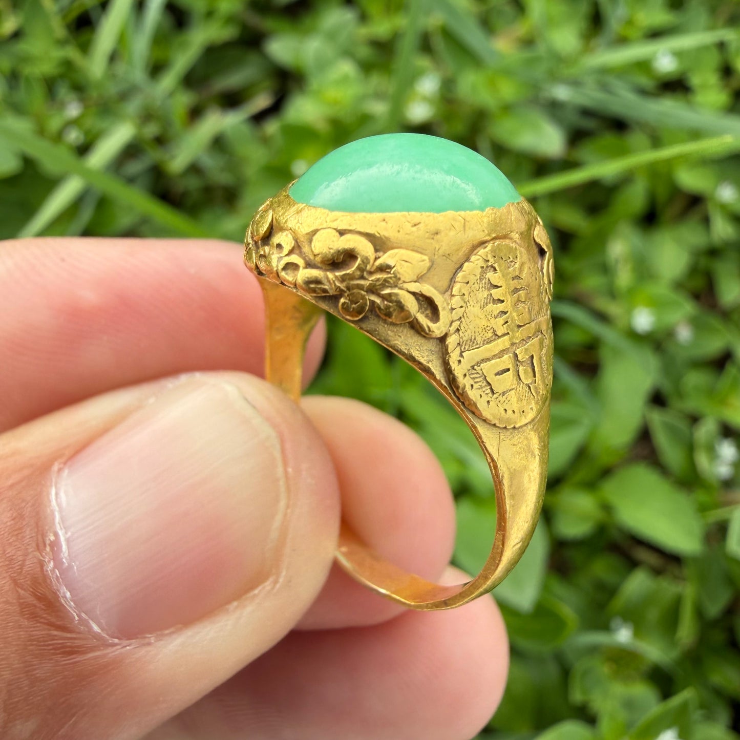 Antique Chinese Traditional 24k Yellow Gold 5.0ct Green Apple Jadeite Fu Ring (10.25)