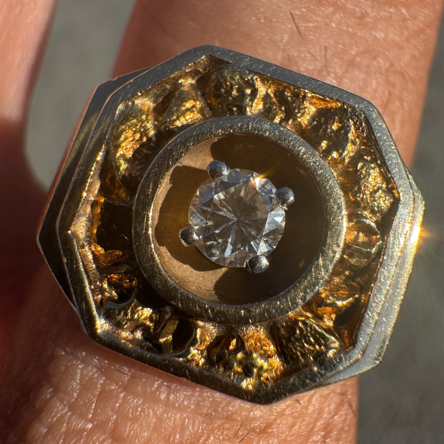 Vintage 14k Yellow Gold .35ct Natural Diamond 22k Raw Gold Nugget Inlaid Signet Ring (8.5)